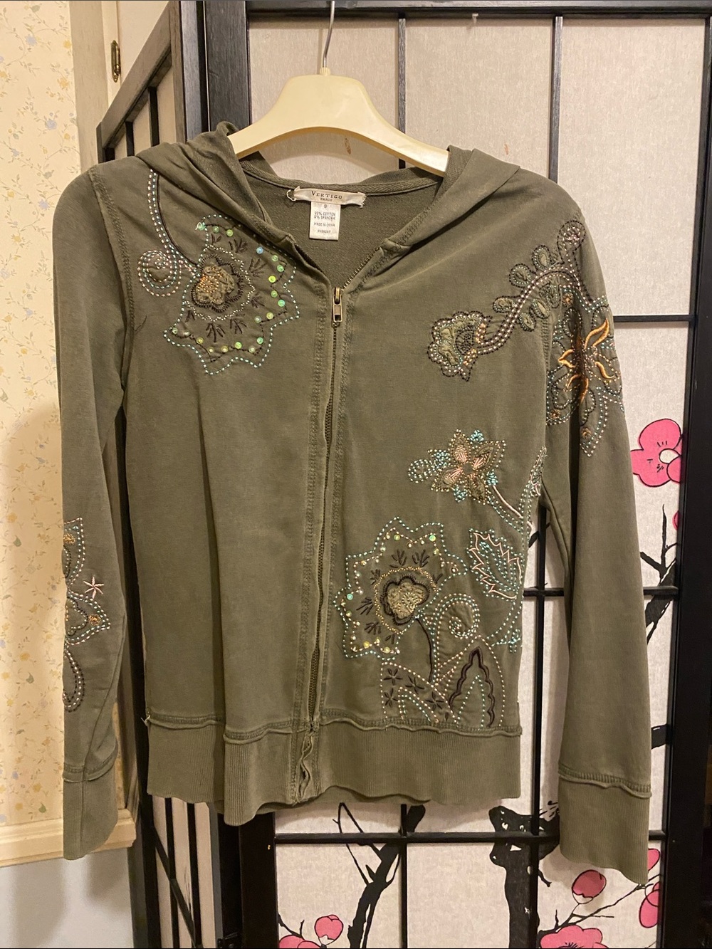 Vertigo Paris Olive Green Embroidered Zip Hoodie